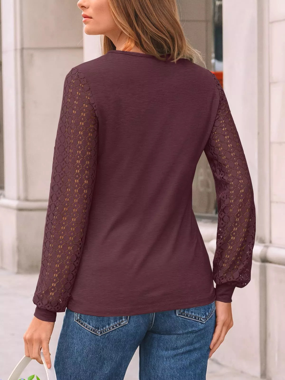 Lace Sleeve Crew Neck T-Shirt OutfitFlow