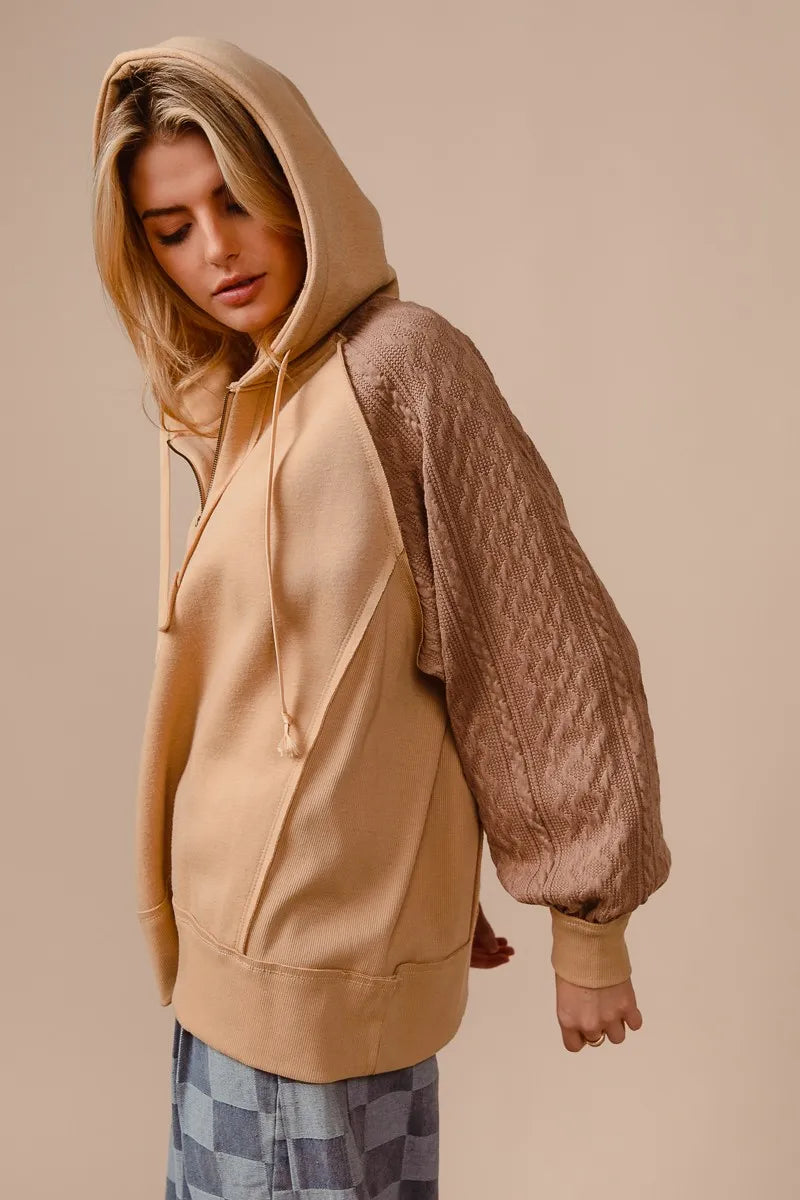 BiBi Half Zip French Terry Hoodie with Kint Sleeves OutfitFlow