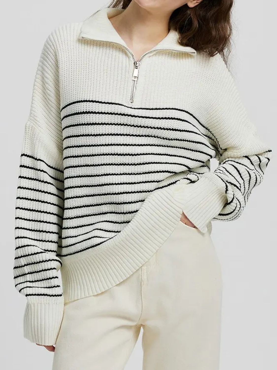 Outfit Flow - Striped Half Zip Long Sleeve Sweater