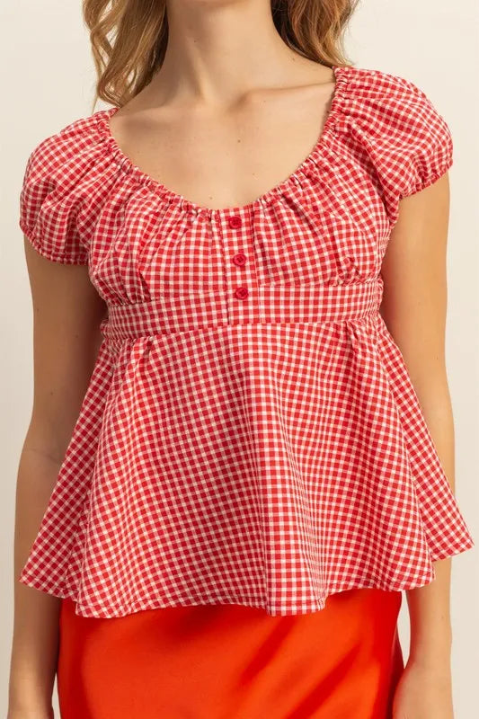 HYFVE Gingham Scoop Neck Cap Sleeve Blouse OutfitFlow