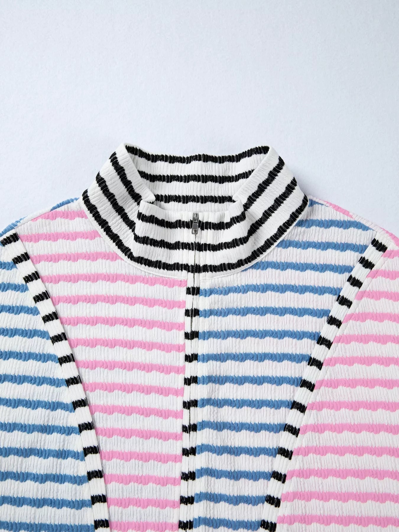 Striped Color Block Patchwork Half Zip Drop Shoulder Long Sleeve Top OutfitFlow