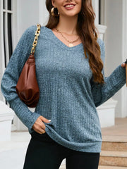 V-Neck Textured Knit Long Sleeve T-Shirt OutfitFlow