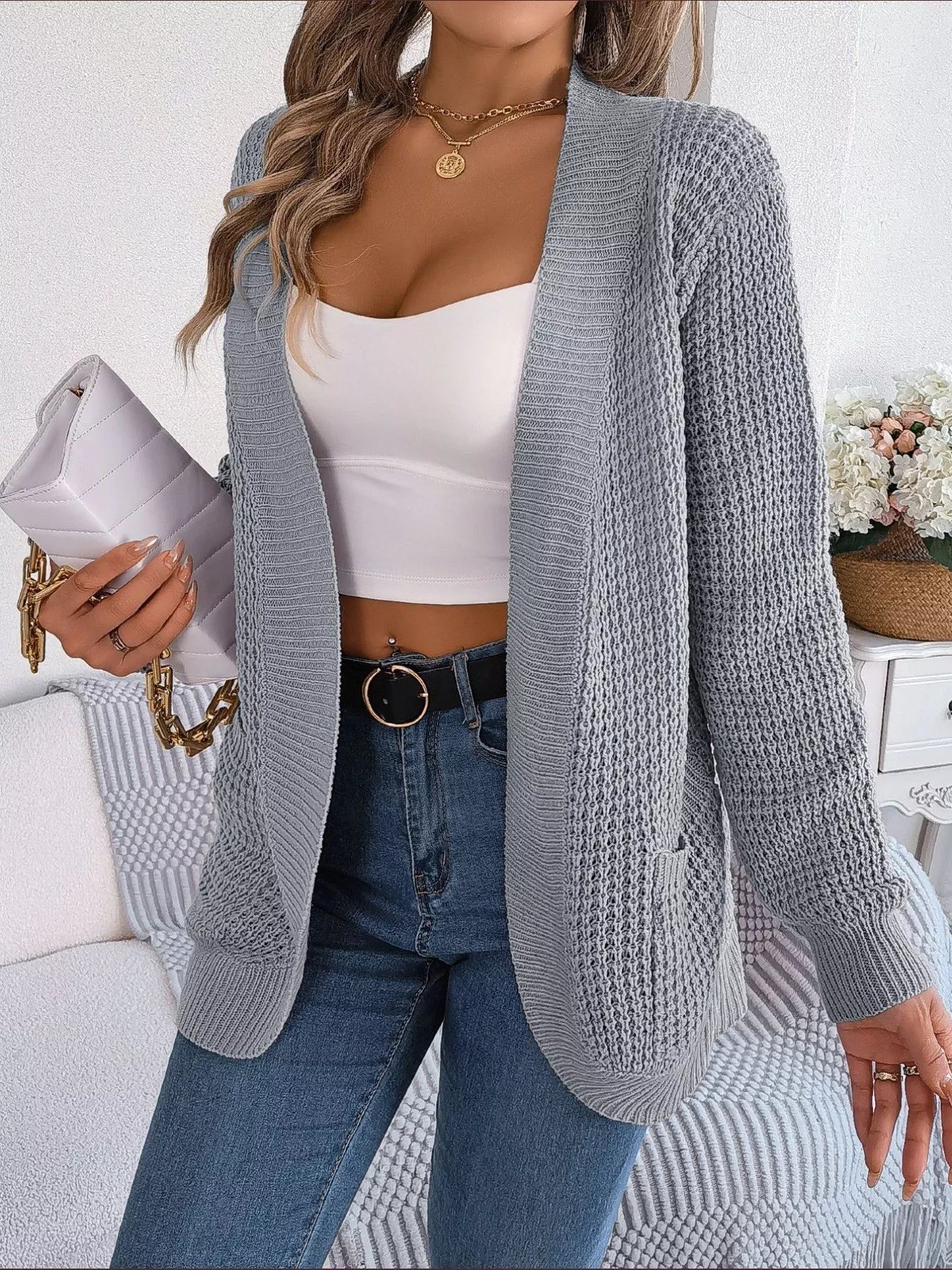 Chunky Knit Open Front Cardigan with Pockets OutfitFlow