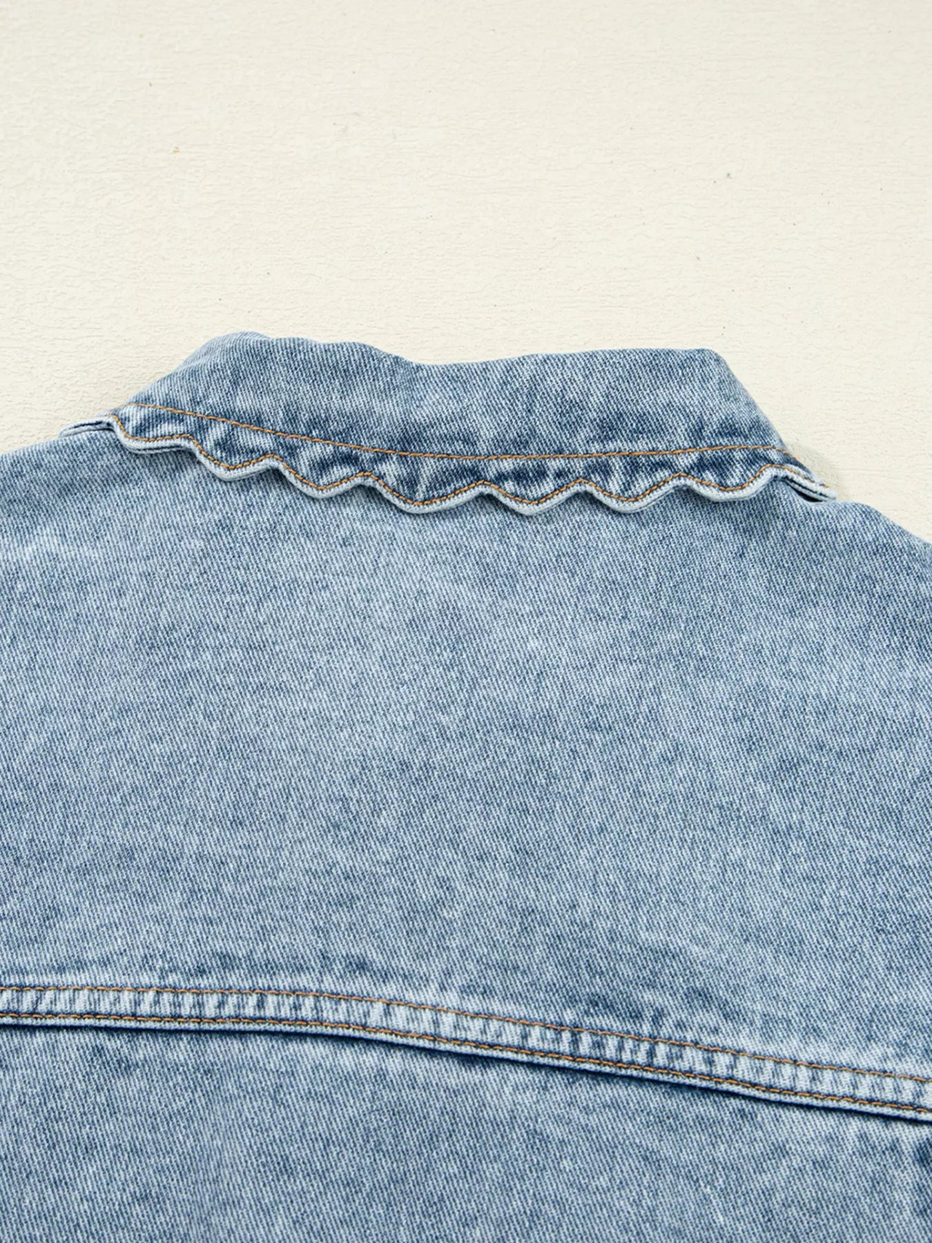 Scallop Trim Collar Patched Pocket Button Up Denim Jacket OutfitFlow