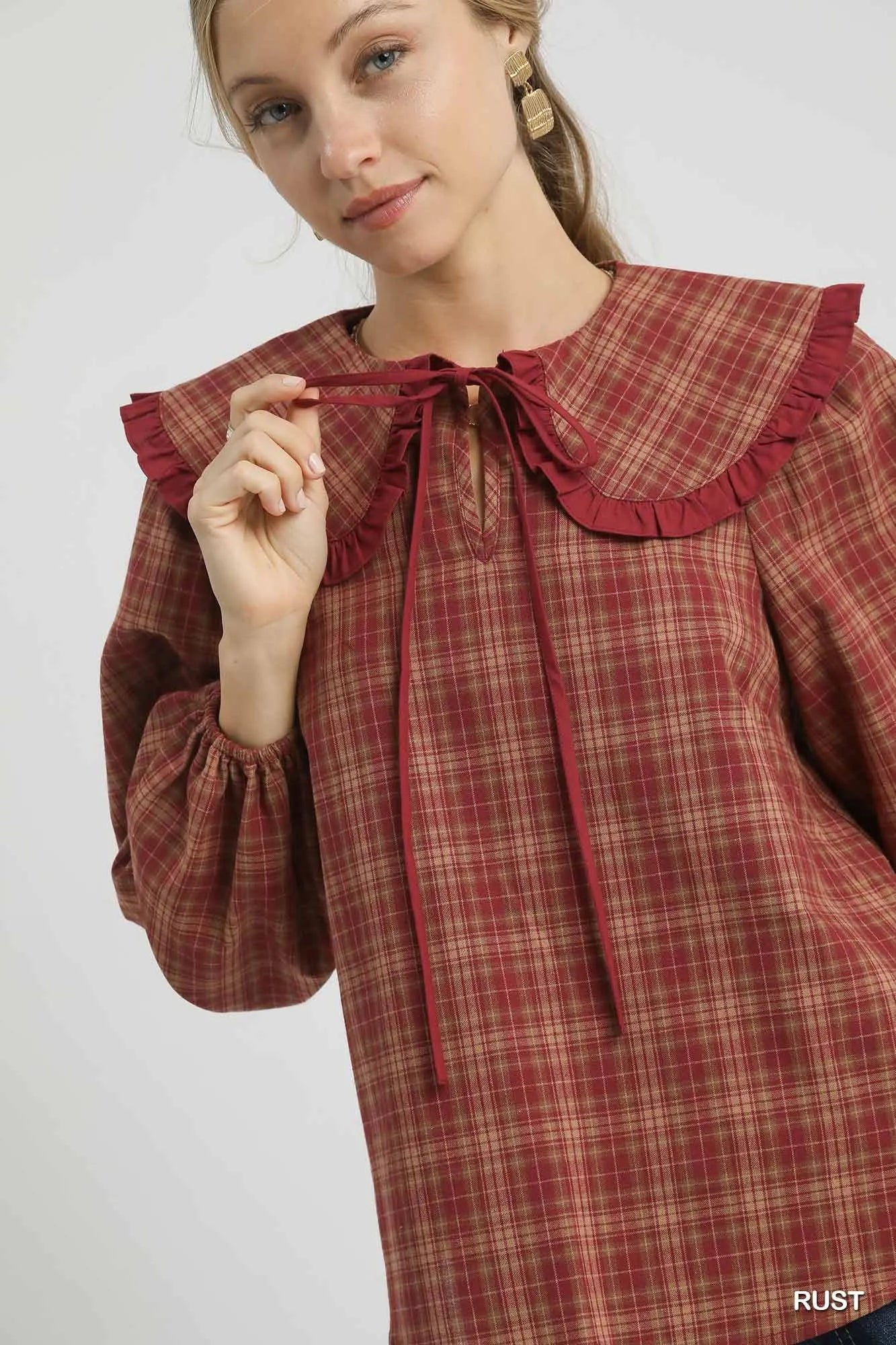 Umgee Full Size Plaid Ruffle Collar Blouse Plus Size Trendsi