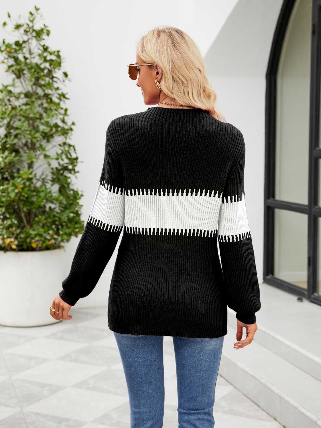 Contrast Round Neck Sweater OutfitFlow