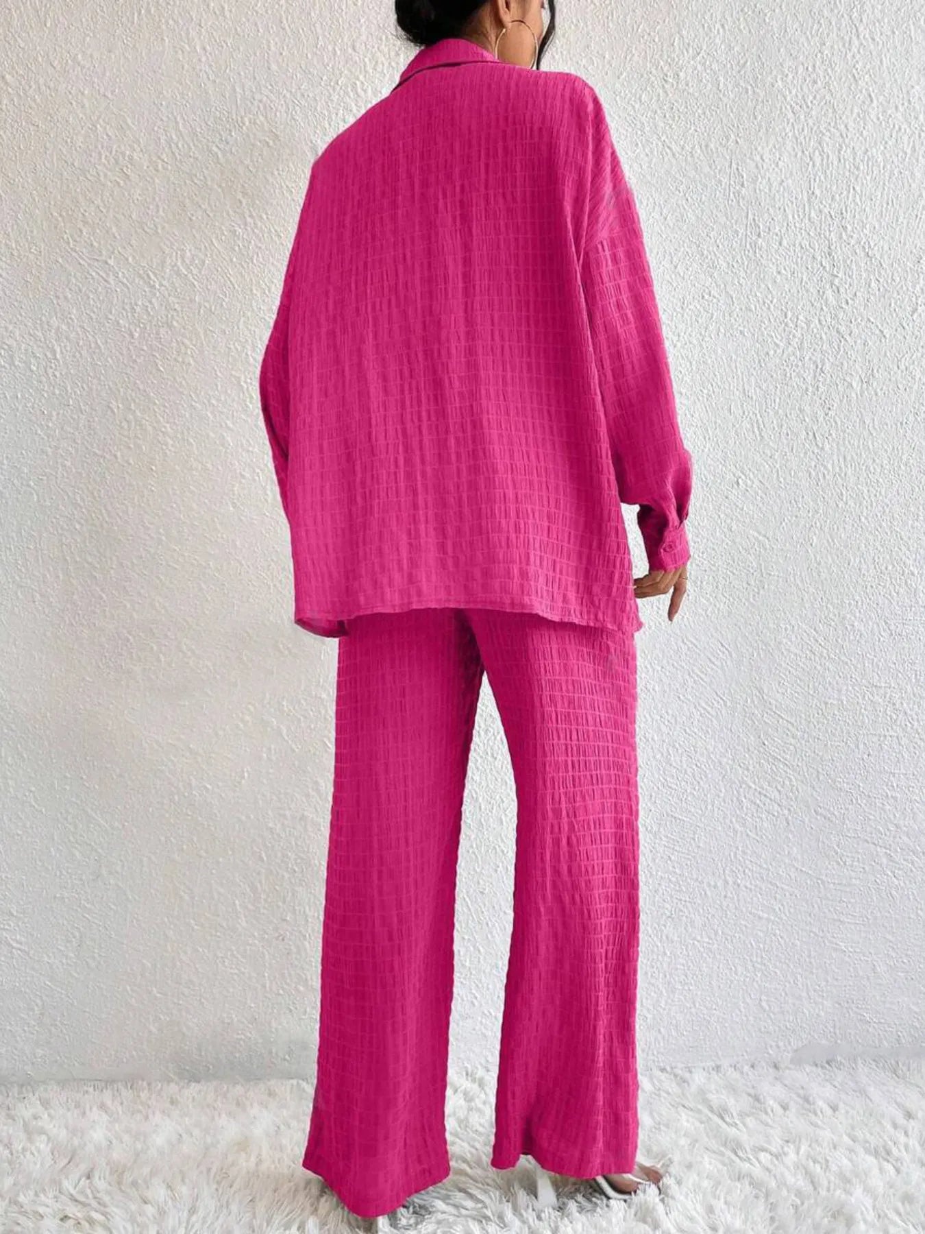 Button Up Long Sleeve Shirt and Pants Set OutfitFlow