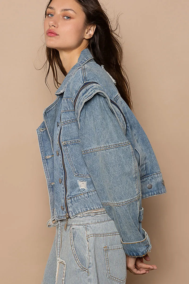 POL Cropped Denim Jacket with Functional Zipper Detail OutfitFlow