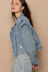 POL Cropped Denim Jacket with Functional Zipper Detail OutfitFlow