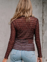 Sheer Mesh Patterned Lettuce Trim Slim Long Sleeve Top OutfitFlow