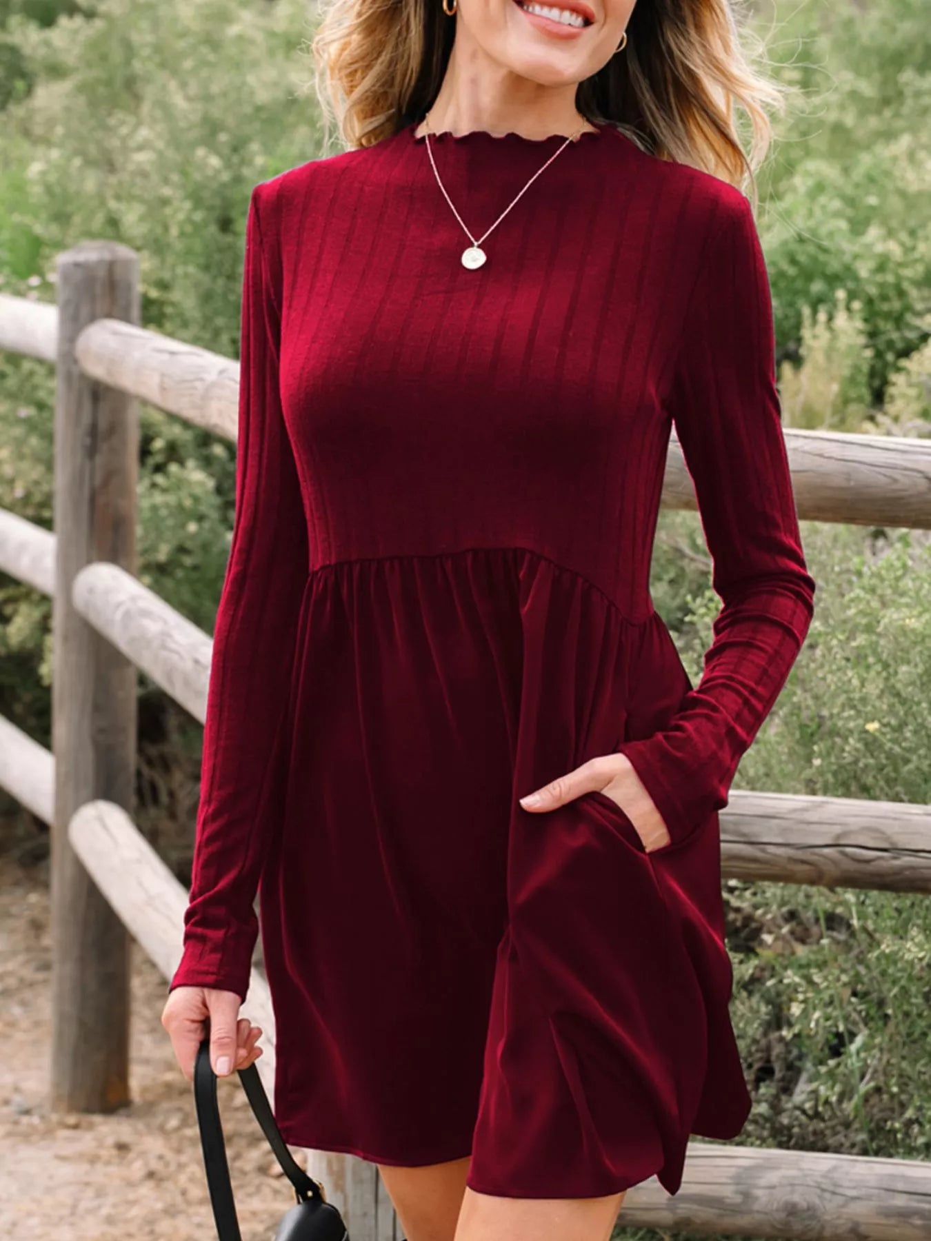 Frilled Neck Ribbed Knit Patchwork Long Sleeve Mini Dress OutfitFlow