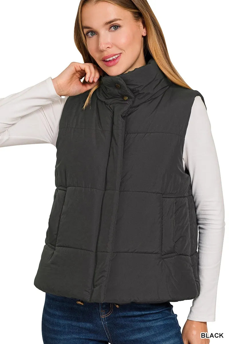 Zenana High Neck Zip-Up Vest Coat OutfitFlow