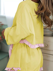 Contrast Frill Hem Round Neck Top and Shorts Set OutfitFlow