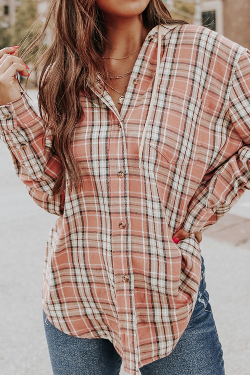 Outfit Flow - Drawstring Plaid Hooded Long Sleeve Shirt