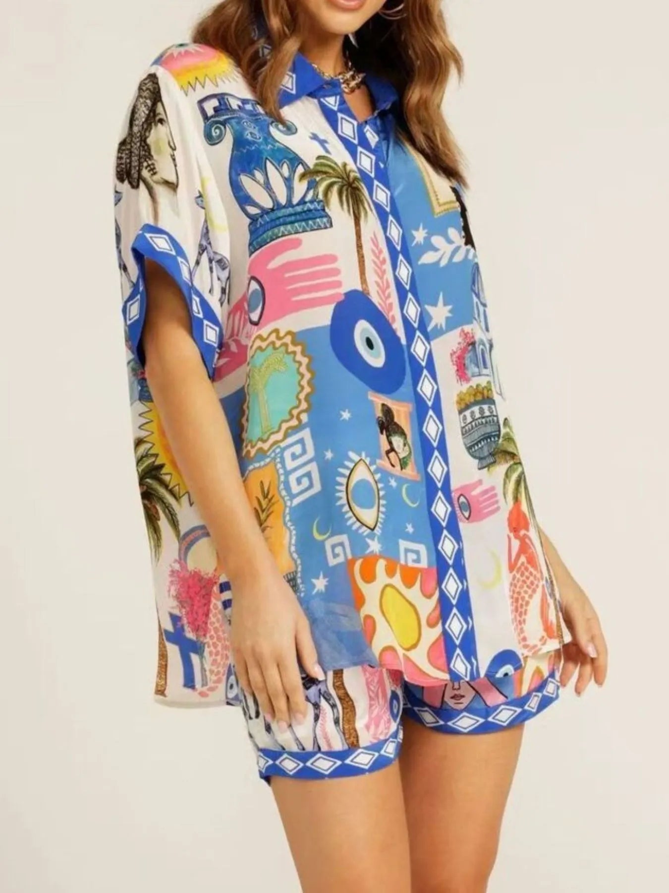 Printed Button Up Shirt and Shorts Set OutfitFlow