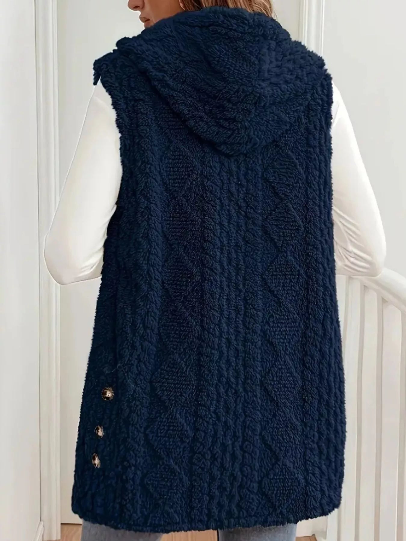 Button Up Plush Hooded Vest Coat OutfitFlow