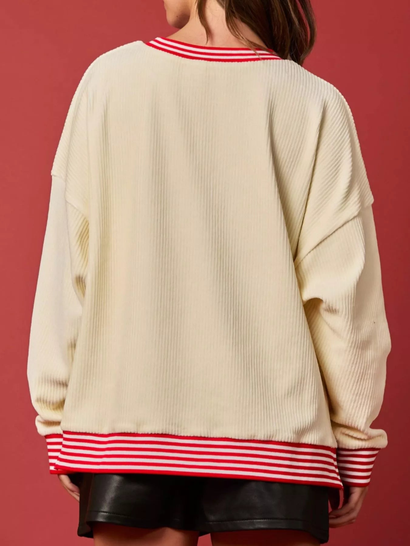 Christmas Sequin Candy Cane and Santa Sweatshirt with Striped Hem OutfitFlow