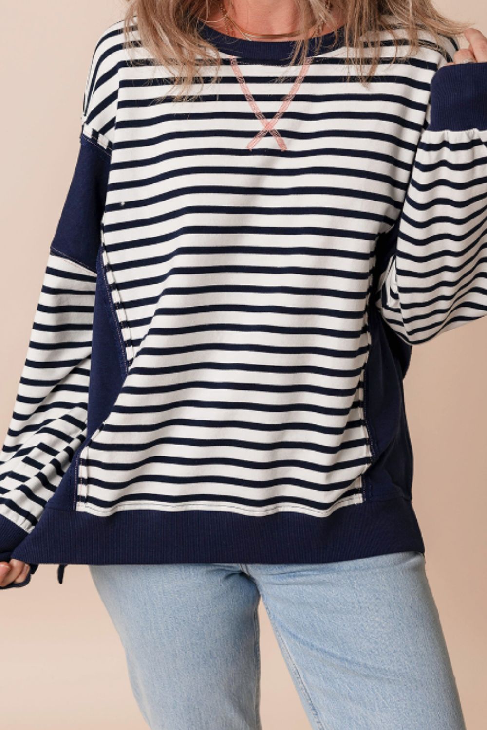 Outfit Flow - Exposed Seam Striped Long Sleeve Sweatshirt