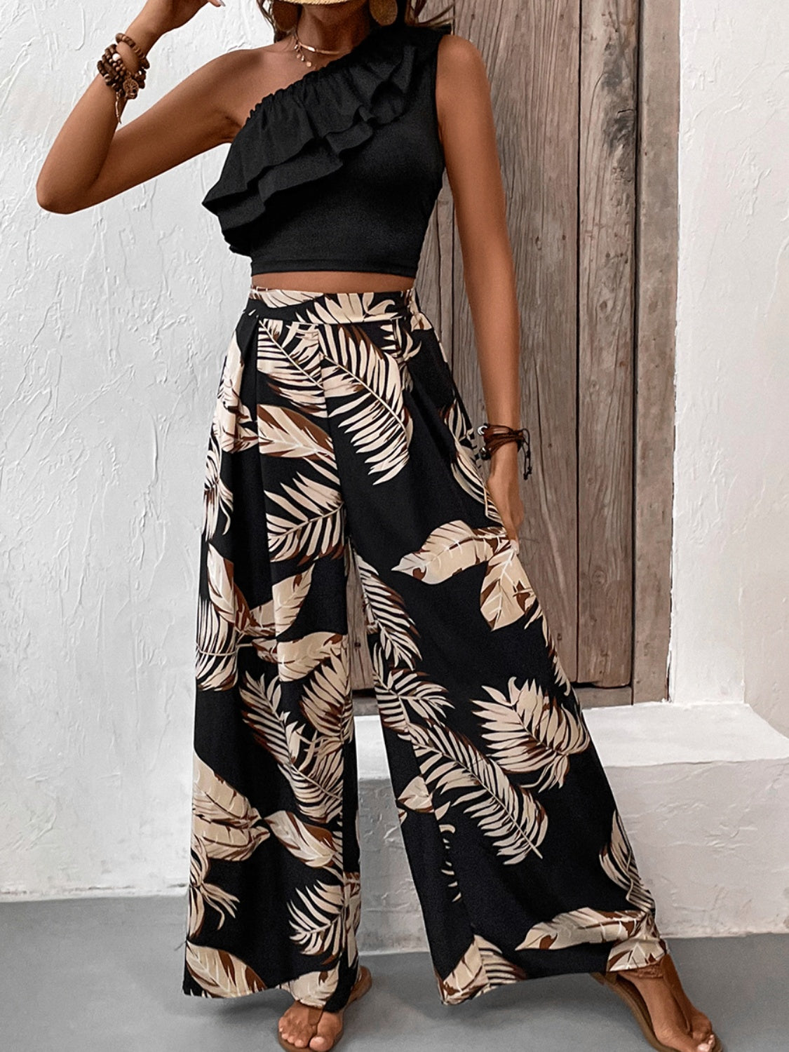 Outfit Flow - Honey Ruffled Sleeveless Top and Printed Pants Set