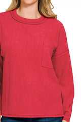 Zenana Ribbed Brushed Melange Hacci Sweater with Chest Pocket OutfitFlow