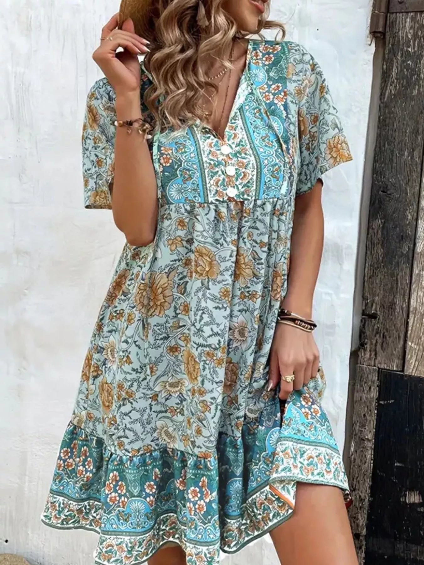 Printed Tie Neck Short Sleeve Mini Dress OutfitFlow