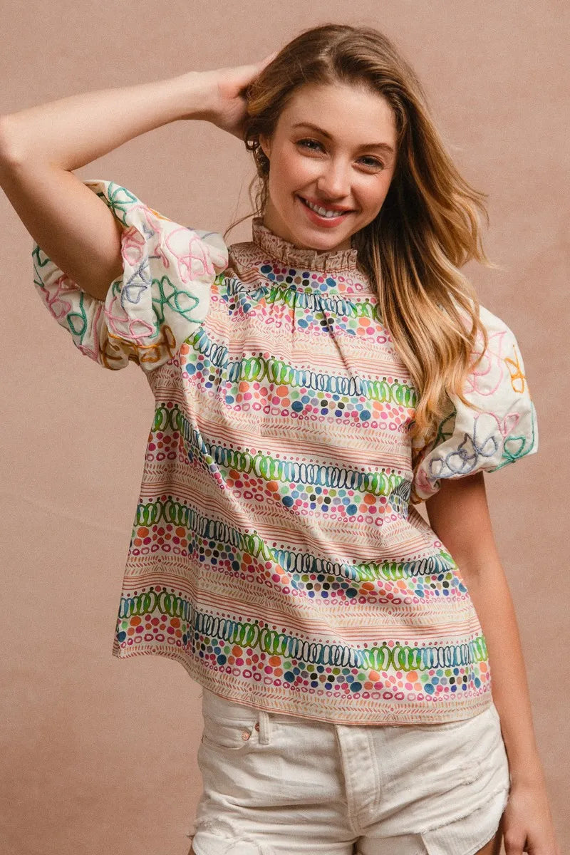 BiBi Ruffle Neckline Blouse With Embroidery Bubble Sleeve OutfitFlow
