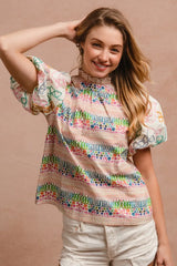 BiBi Ruffle Neckline Blouse With Embroidery Bubble Sleeve OutfitFlow