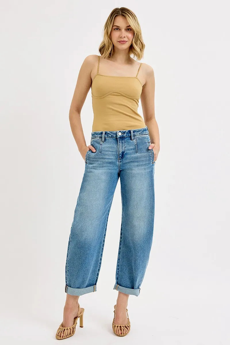 RISEN Full Size Mid Rise Fit Barrel Roll Up Jeans Plus Size MEDIUM OutfitFlow