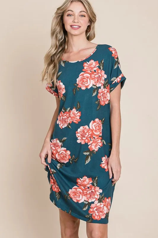 BOMBOM Floral Round Neck Short Tee Dress with Pockets OutfitFlow