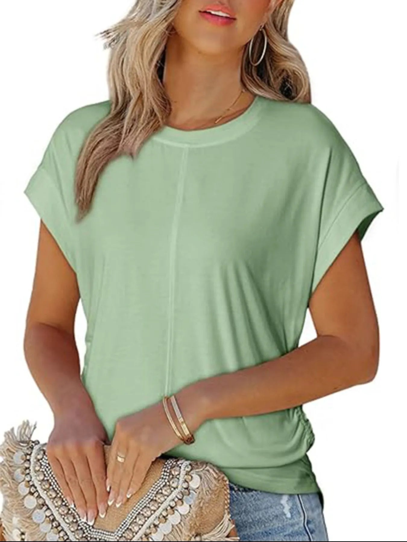Round Neck Short Sleeve T-Shirt Light Green OutfitFlow