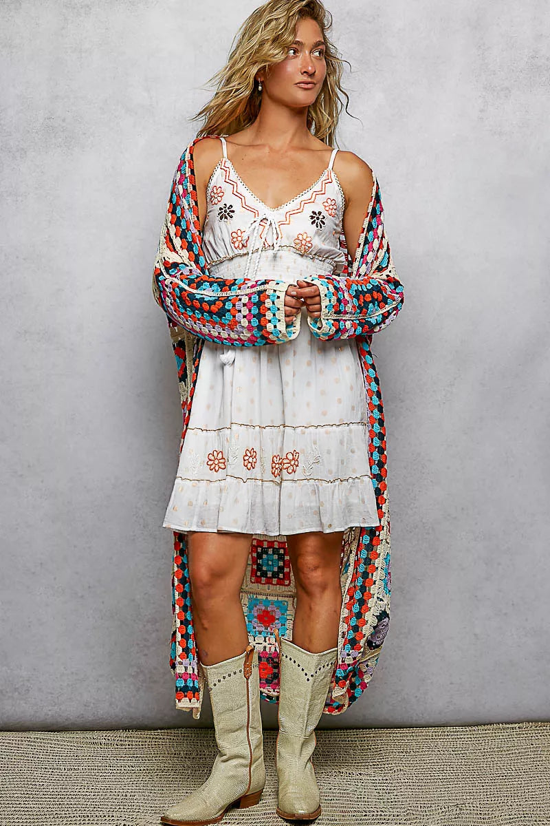 POL Open Front Crochet Cardigan with Weave Knit Patterns OutfitFlow