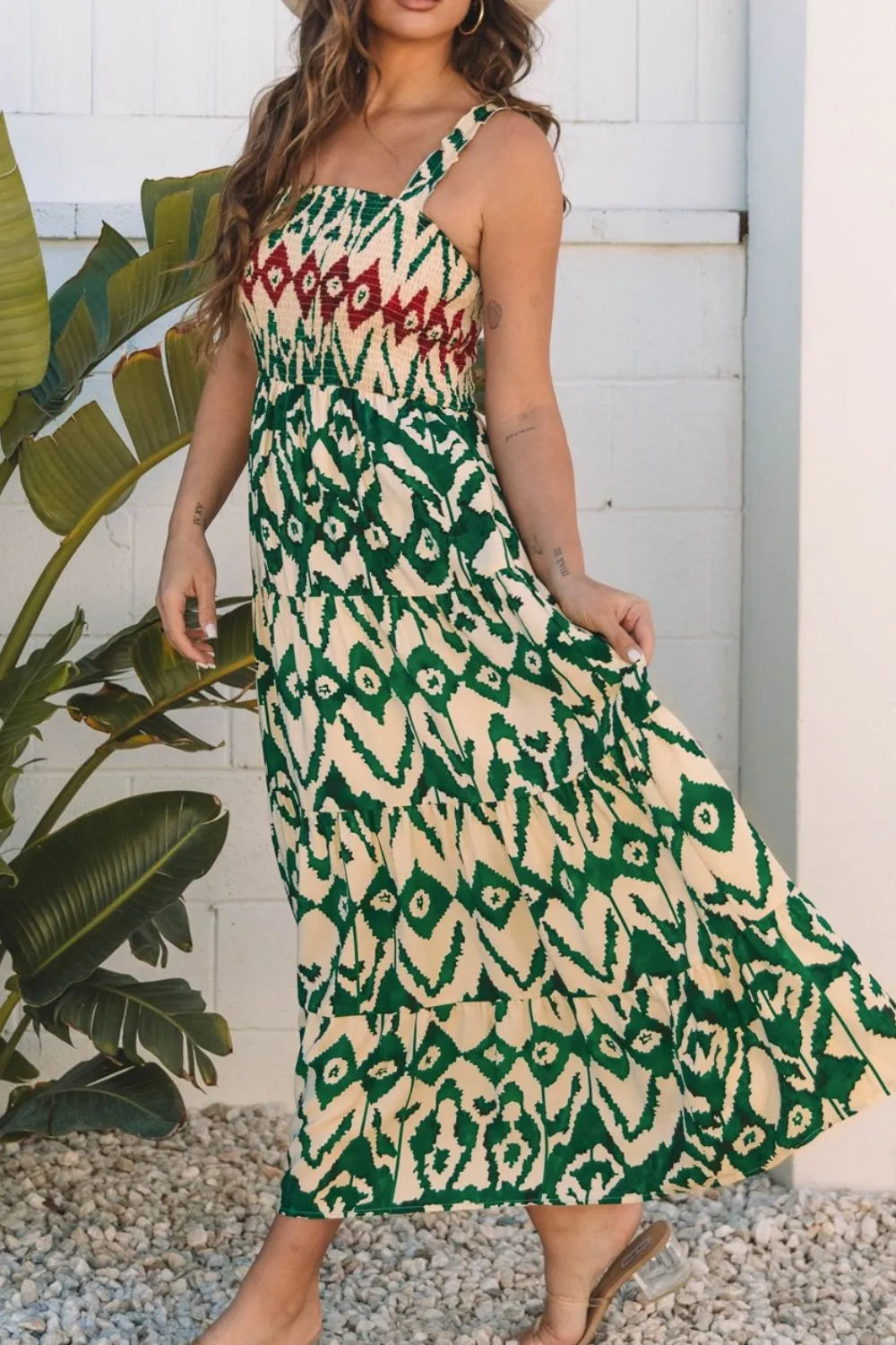 Western Aztec Shirred A-line Sleeveless Maxi Dress OutfitFlow