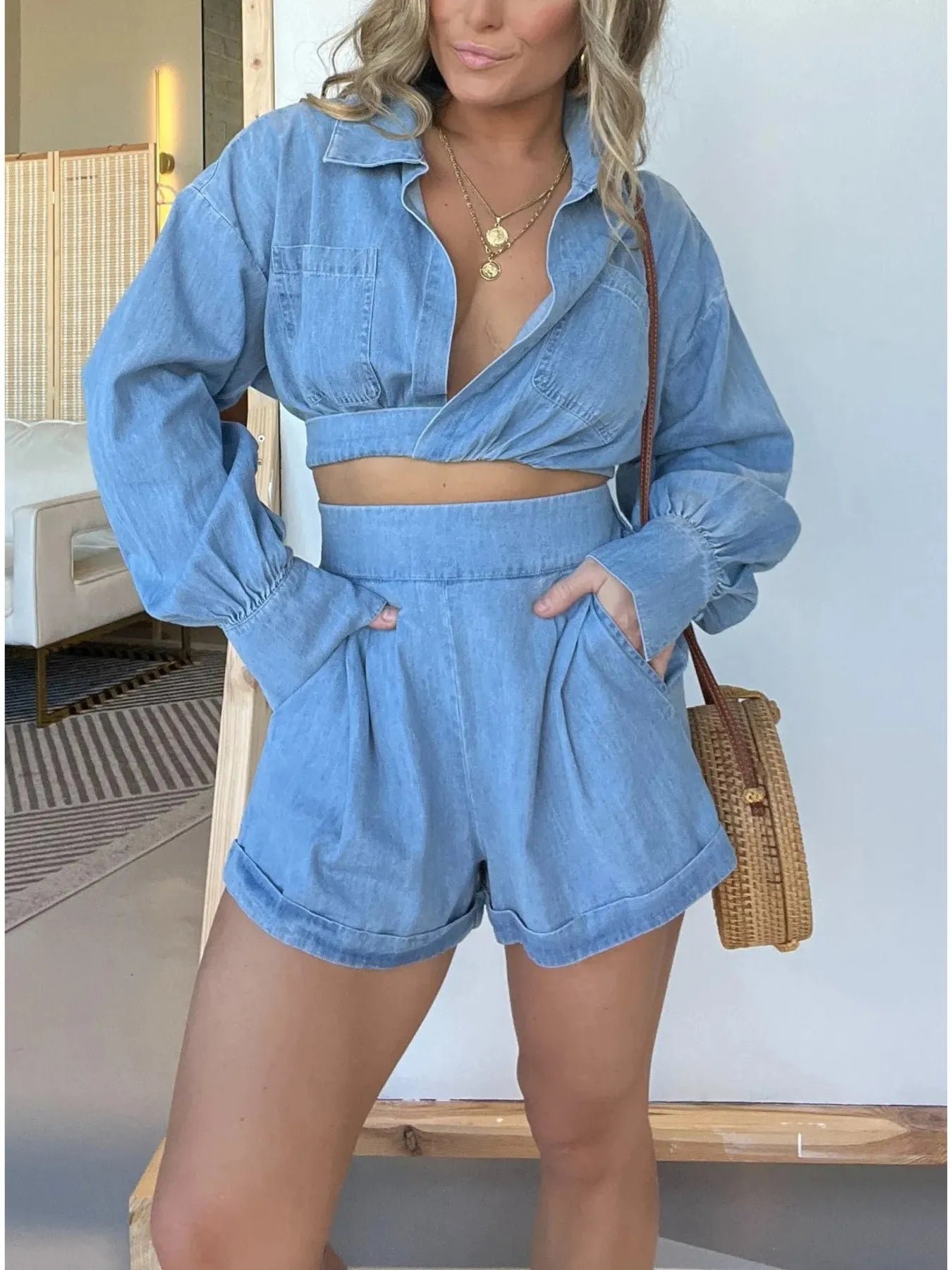 Full Size Long Sleeve Top and Shorts Denim Set Plus Size Blue OutfitFlow