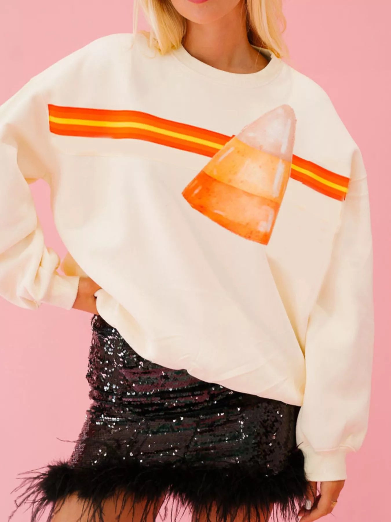 Halloween Sequin Round Neck Sweatshirt Apricot Candy Strips OutfitFlow