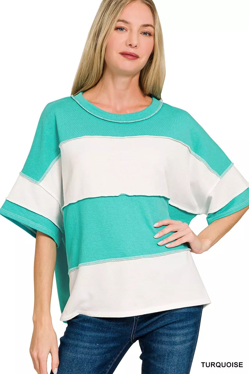 Zenana French Terry Color Block Exposed Seam Top TURQUOISE OutfitFlow