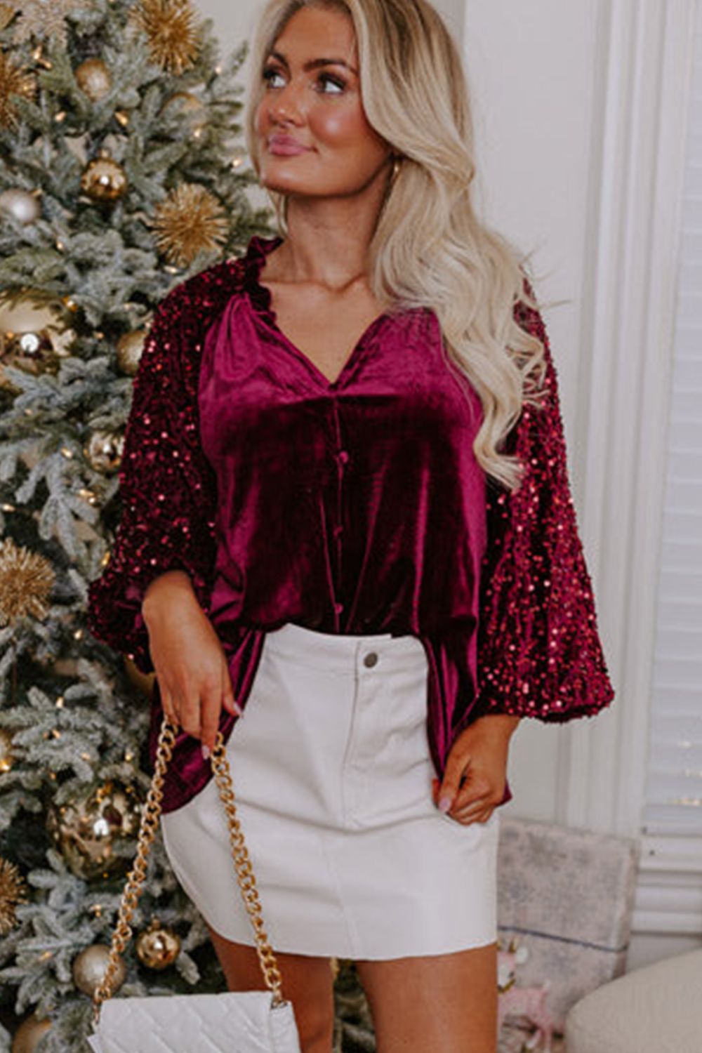 Outfit Flow - Sequin Notched Long Sleeve Blouse