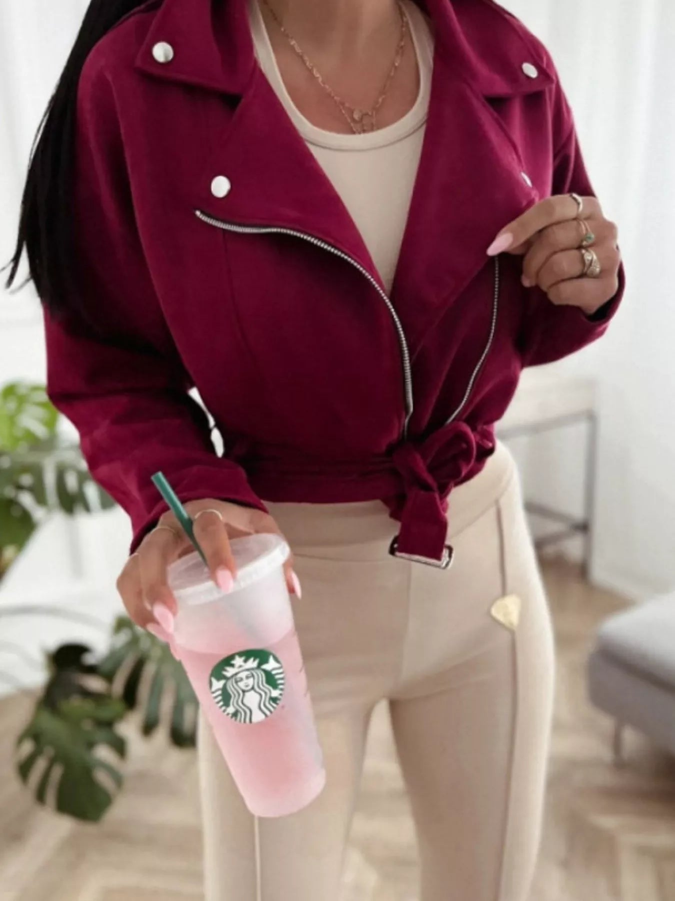 Zip Up Cropped Jacket Burgundy OutfitFlow