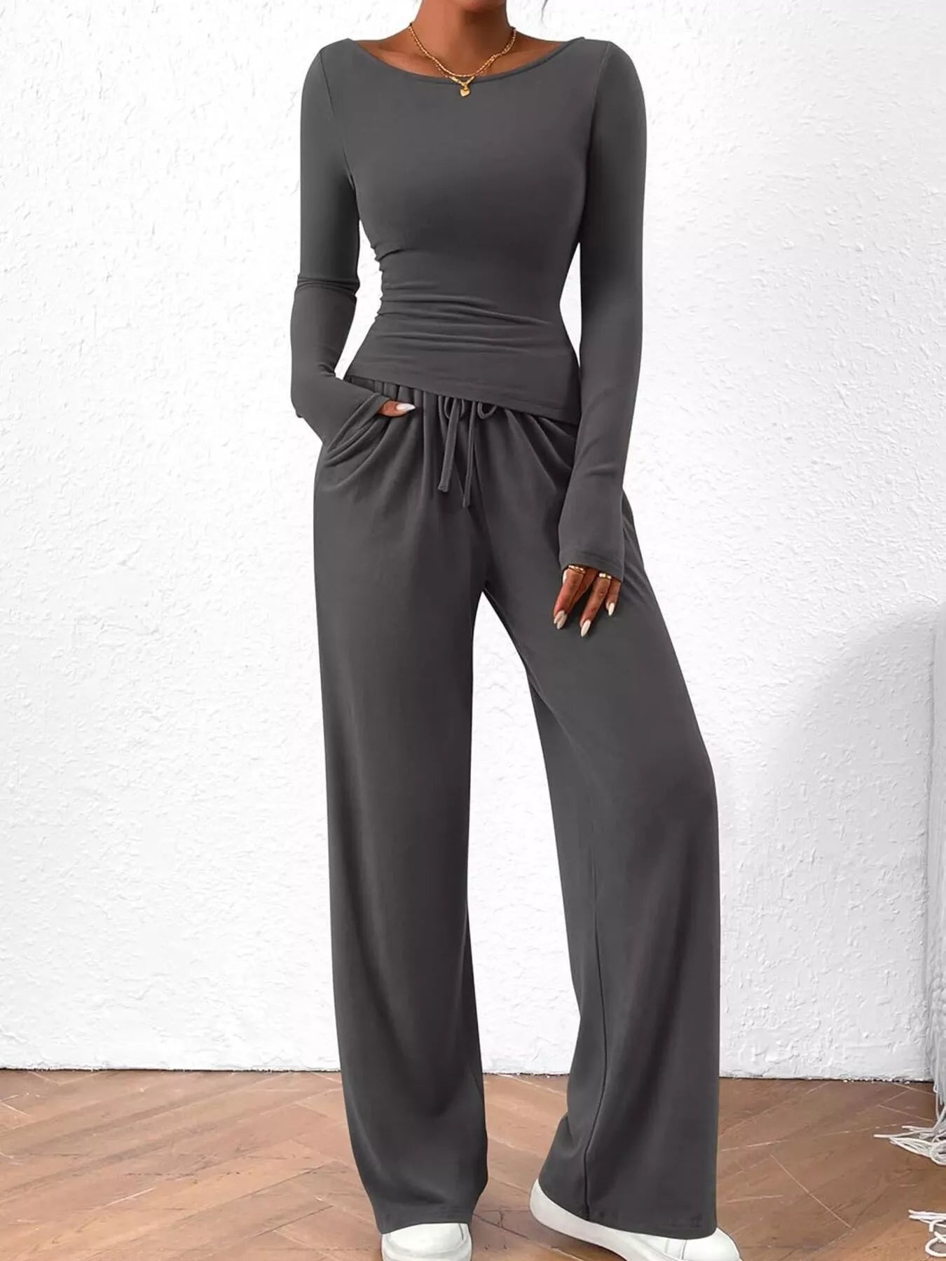 Long Sleeve Top and Wide Leg Pants Set OutfitFlow