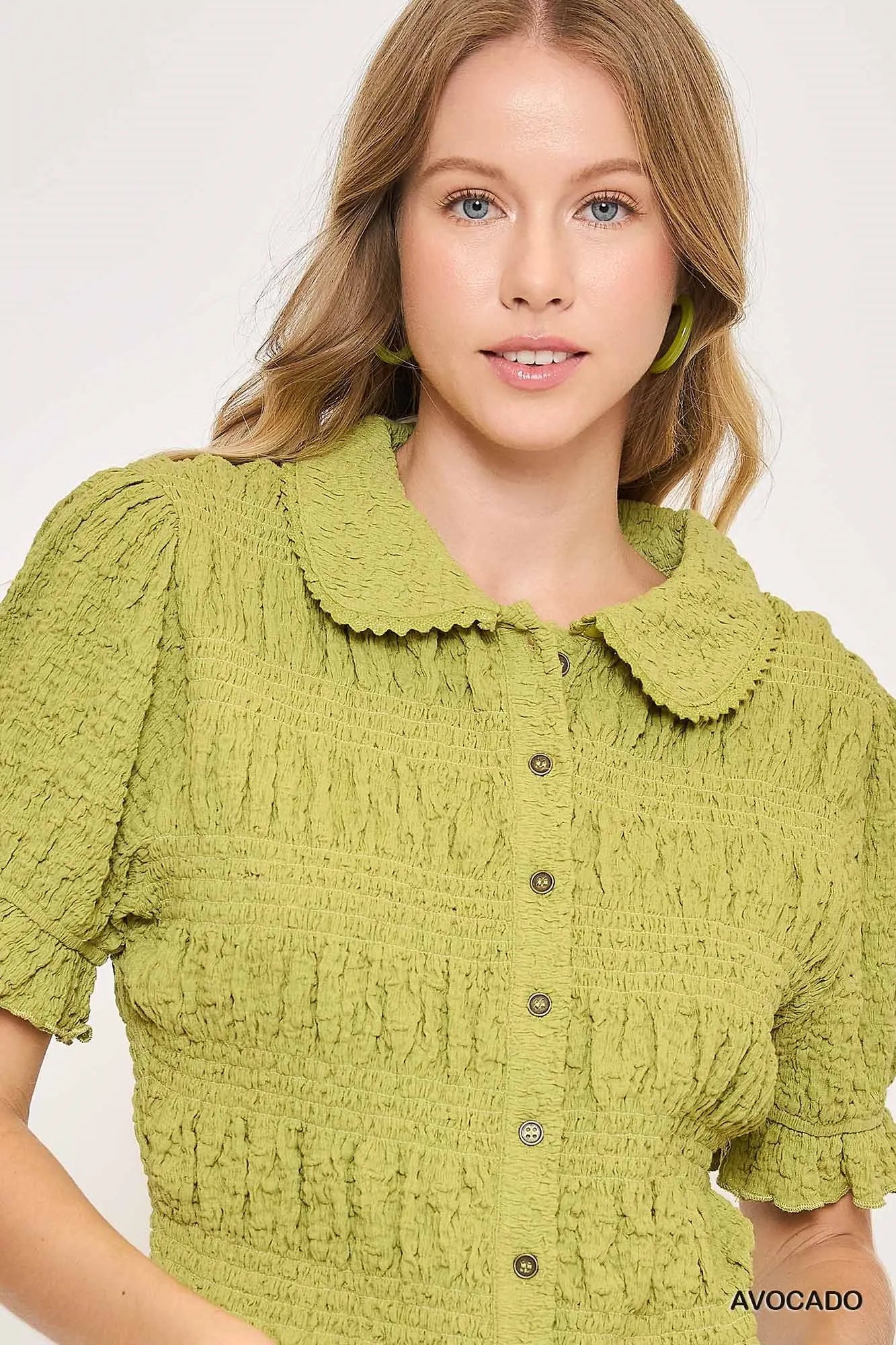 Umgee Smocked Short Sleeve Button-Front Shirt with Peter Pan Collar Trendsi