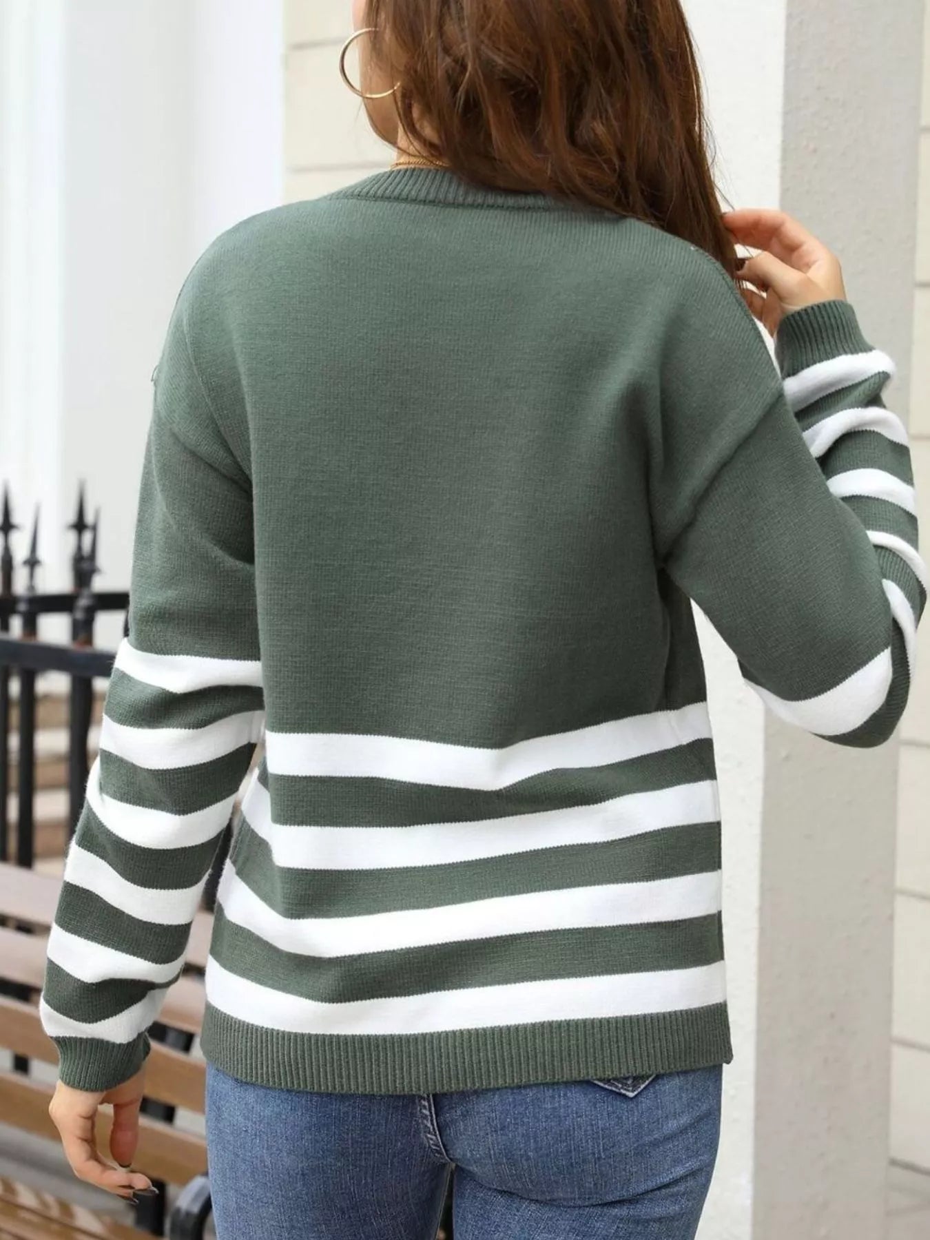 Striped Trim Crew Neck Sweater Trendsi
