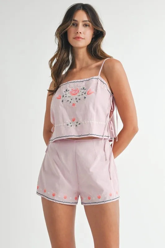 MABLE Embroidered Crop Top and Shorts Set OutfitFlow