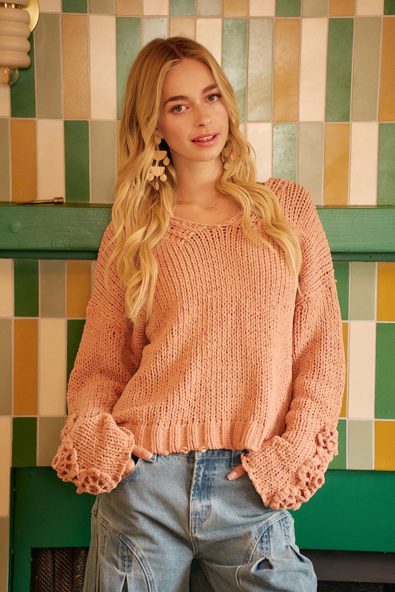 BiBi Chunky Knit Sweater with Flower Detail Sleeves OutfitFlow