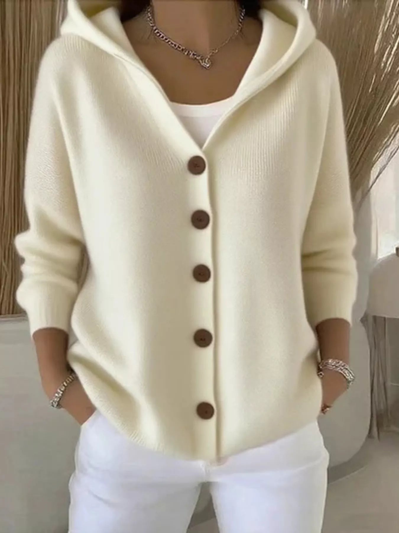Full Size Hooded Button-Front Soft Knit Cardigan Plus Size Apricot OutfitFlow