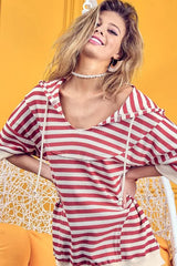 BiBi Stripe Fleece Notch Neck Short Sleeve Hoodie OutfitFlow