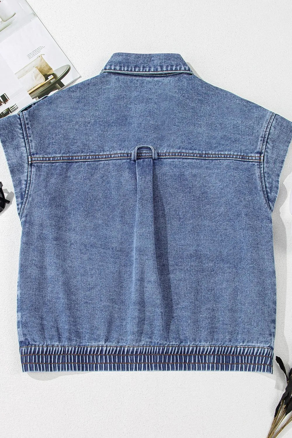 Button Up Cap Sleeve Denim Jacket OutfitFlow
