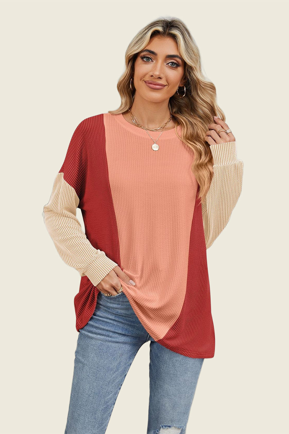 Double Take Texture Contrast Round Neck Long Sleeve T-Shirt