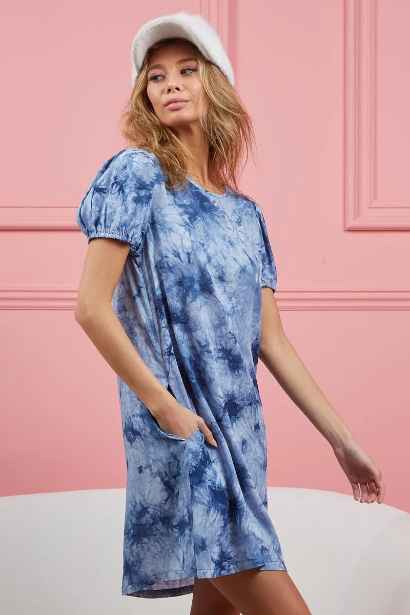 BiBi Puff Sleeve With Side Pockets Tie Dye Dress OutfitFlow