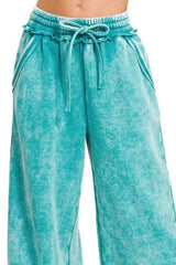 Zenana Acid Wash Fleece Palazzo Sweatpants with Pockets OutfitFlow