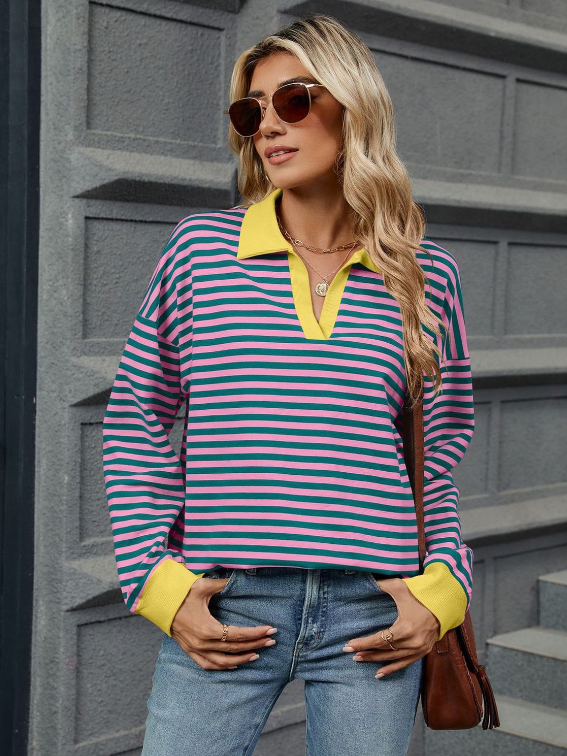 Outfit Flow - Striped Johnny Collar Long Sleeve Sweatshirt