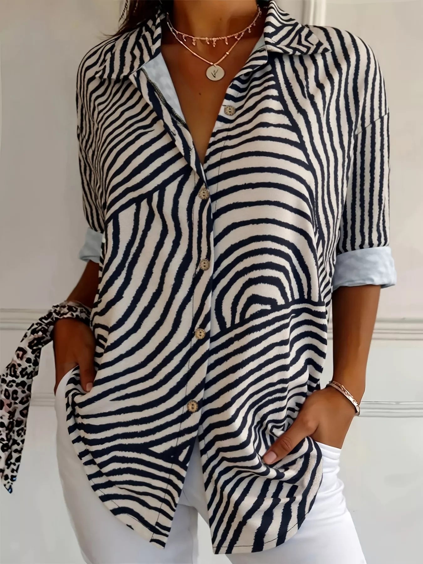 Plus Size Abstract Zebra Print Button-Down Shirt OutfitFlow